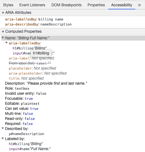 Інструменти розробника Chrome показують доступну назву input з aria-labelledby і опис з aria-describedby