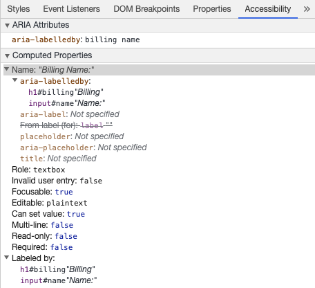 Інструменти розробника Chrome показують доступну назву input з aria-labelledby